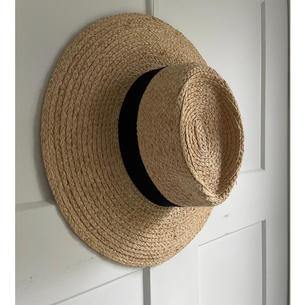 & Other Stories Straw Boater Hat Wide Brim Black Ribbon Sun Beach Summer OS